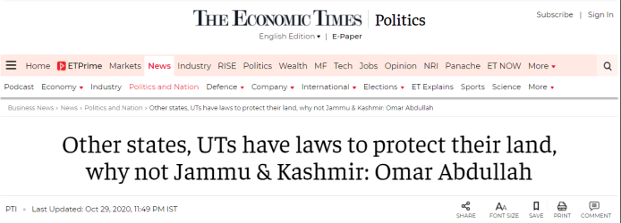 The Economic times article on Jammu and Kashmir land purchase law change 